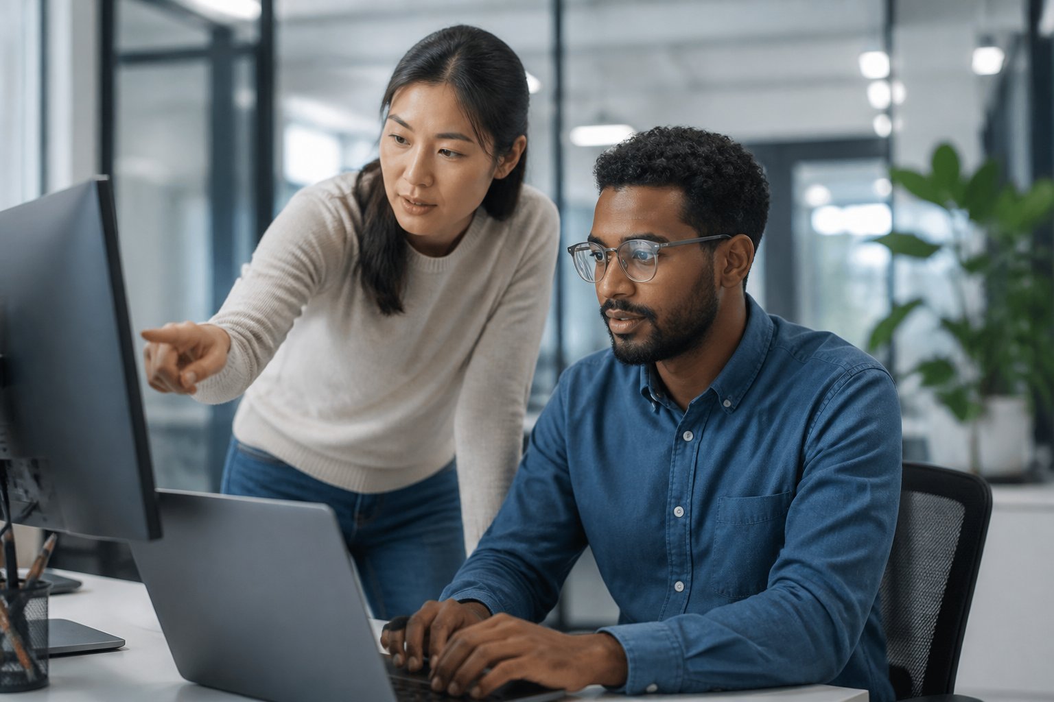 Two IT professionals collaborating, one on a laptop and another pointing at a screen.