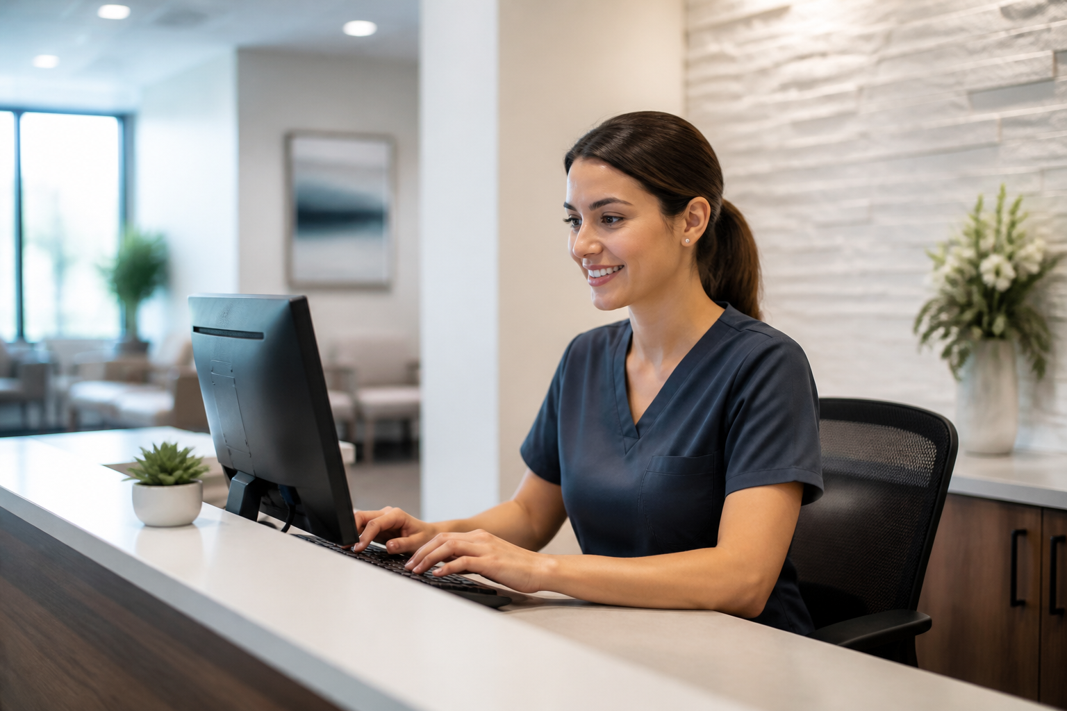 A dental team member efficiently using a computer at a modern dental office front desk