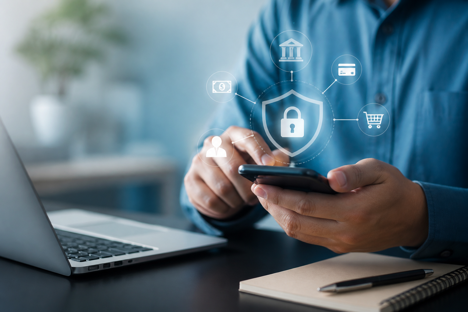 A graphic illustrating secure digital transactions in banking.