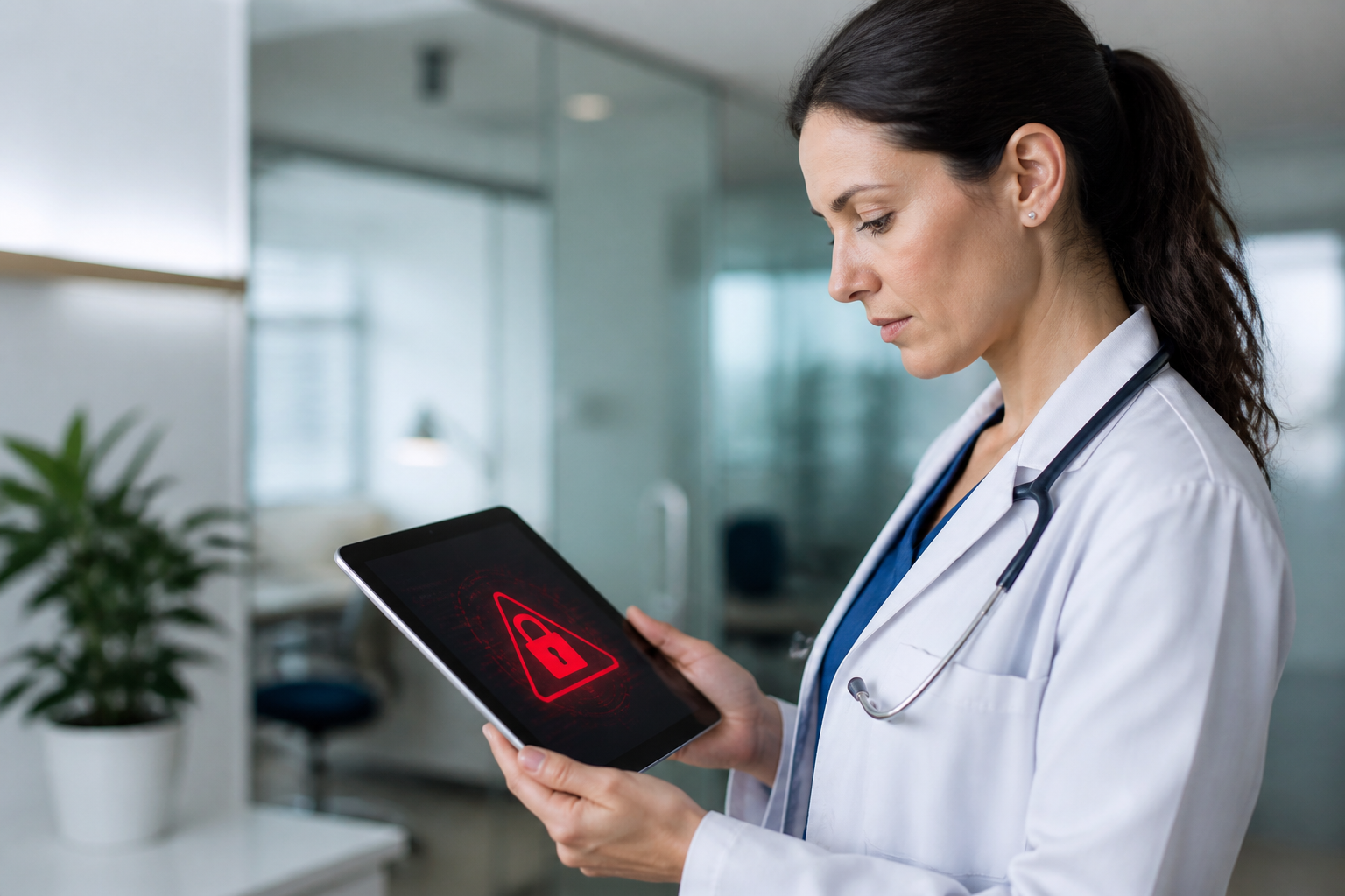 A healthcare professional looking at a tablet with a cybersecurity alert