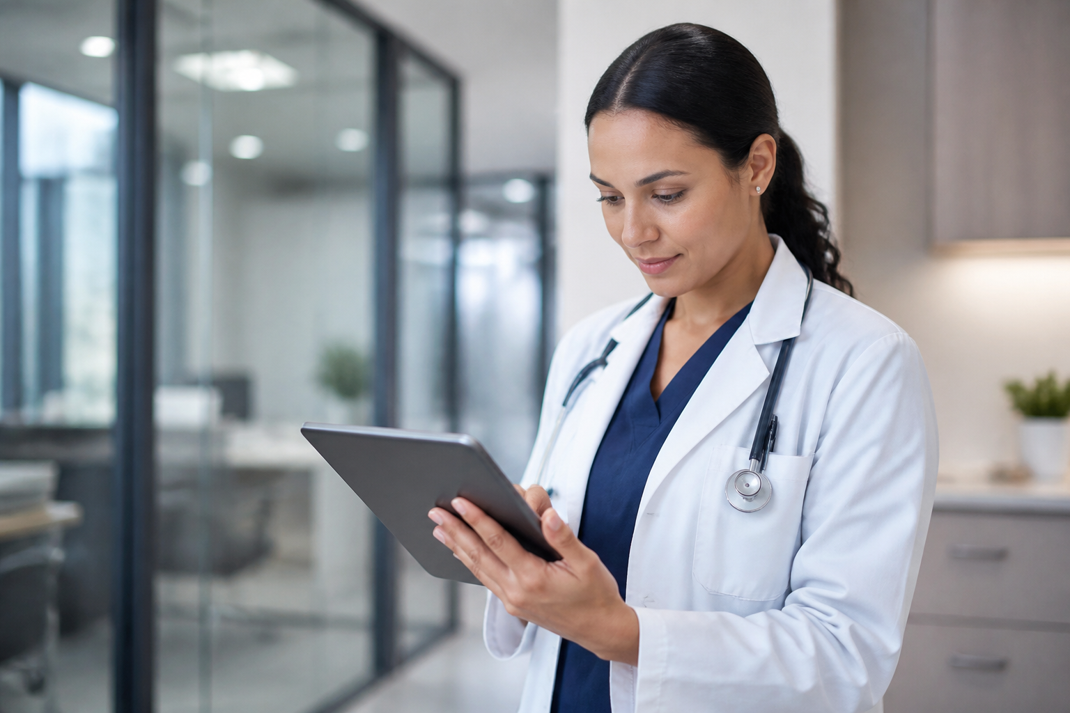 A healthcare professional reviewing data on a secure tablet, demonstrating HIPAA compliance.