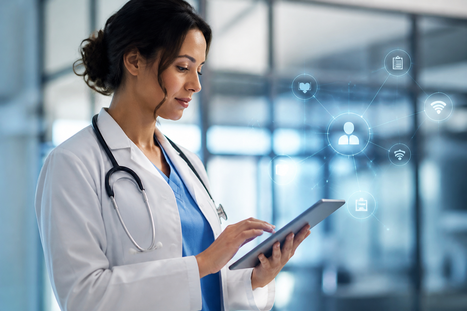 A medical professional reviewing a digital patient chart on a tablet with network connection icons