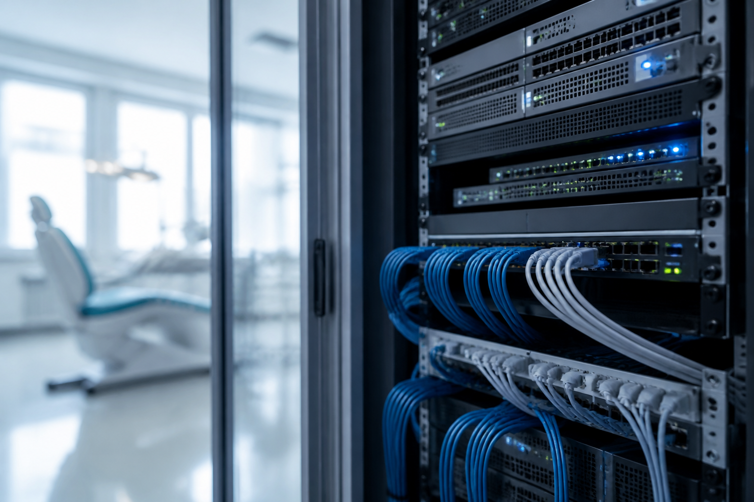 A network server with cables, representing robust IT infrastructure for dental practices