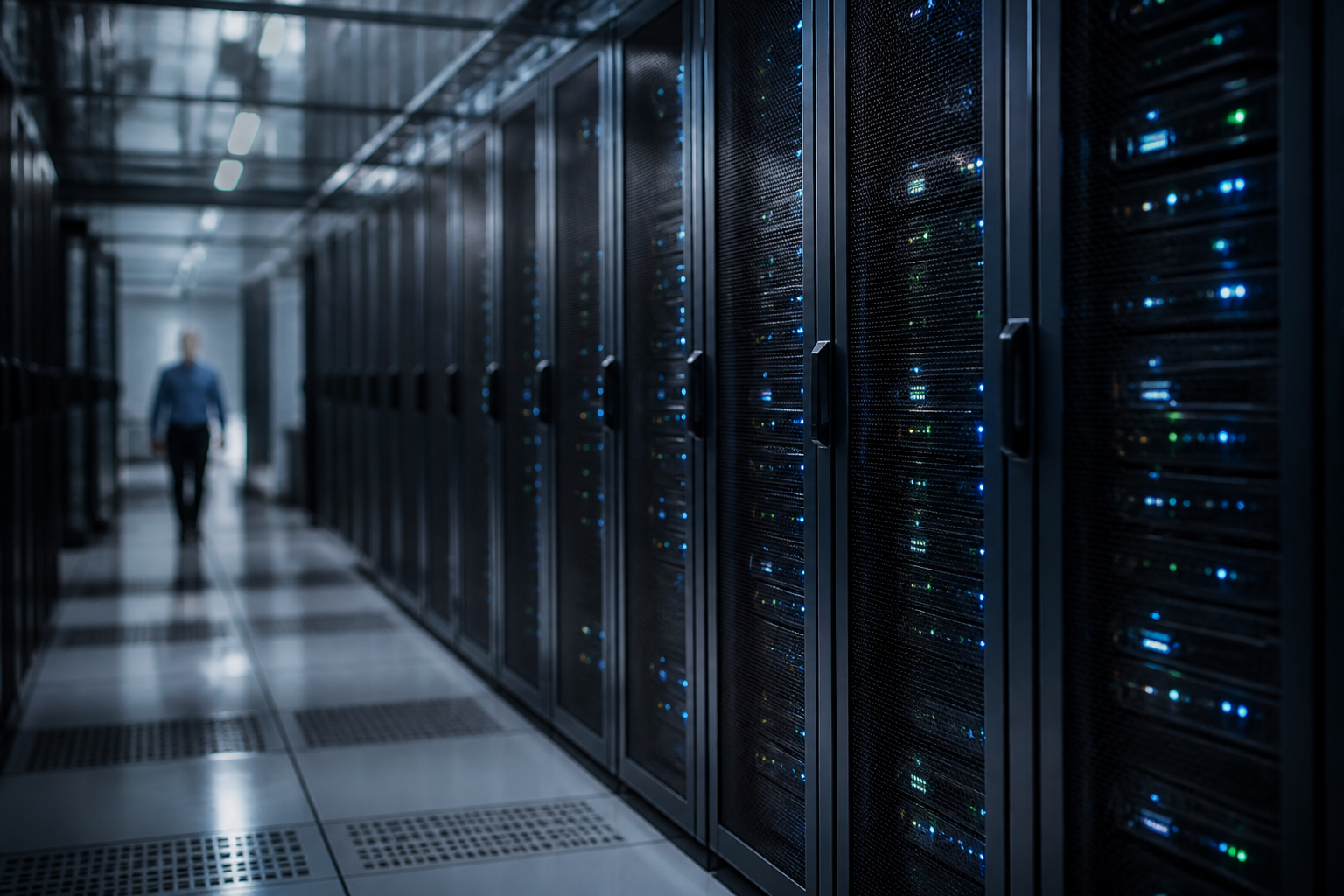 A secure data center with blinking lights, representing robust cybersecurity infrastructure