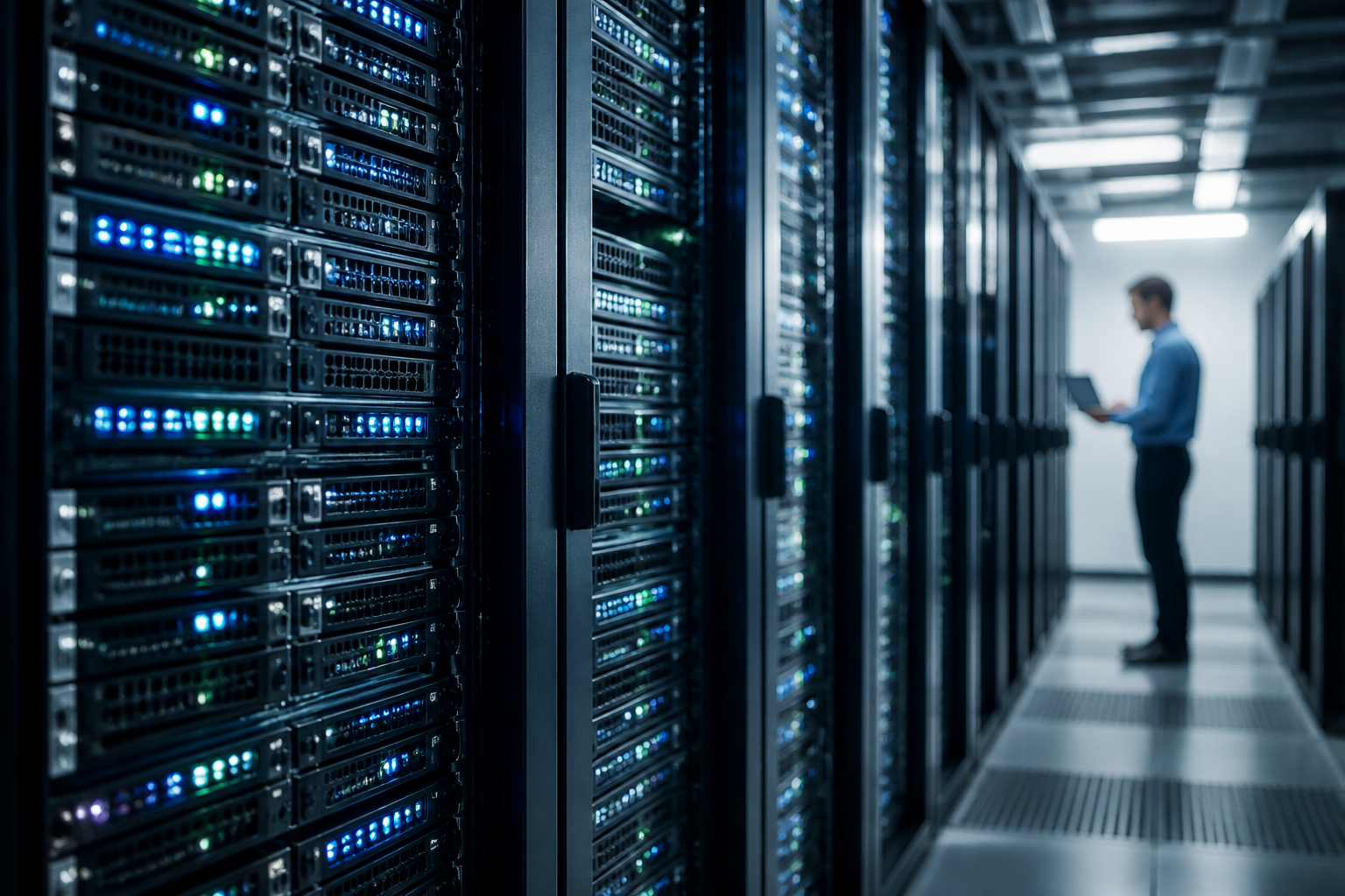 A secure data center with blinking server lights, symbolizing continuous monitoring