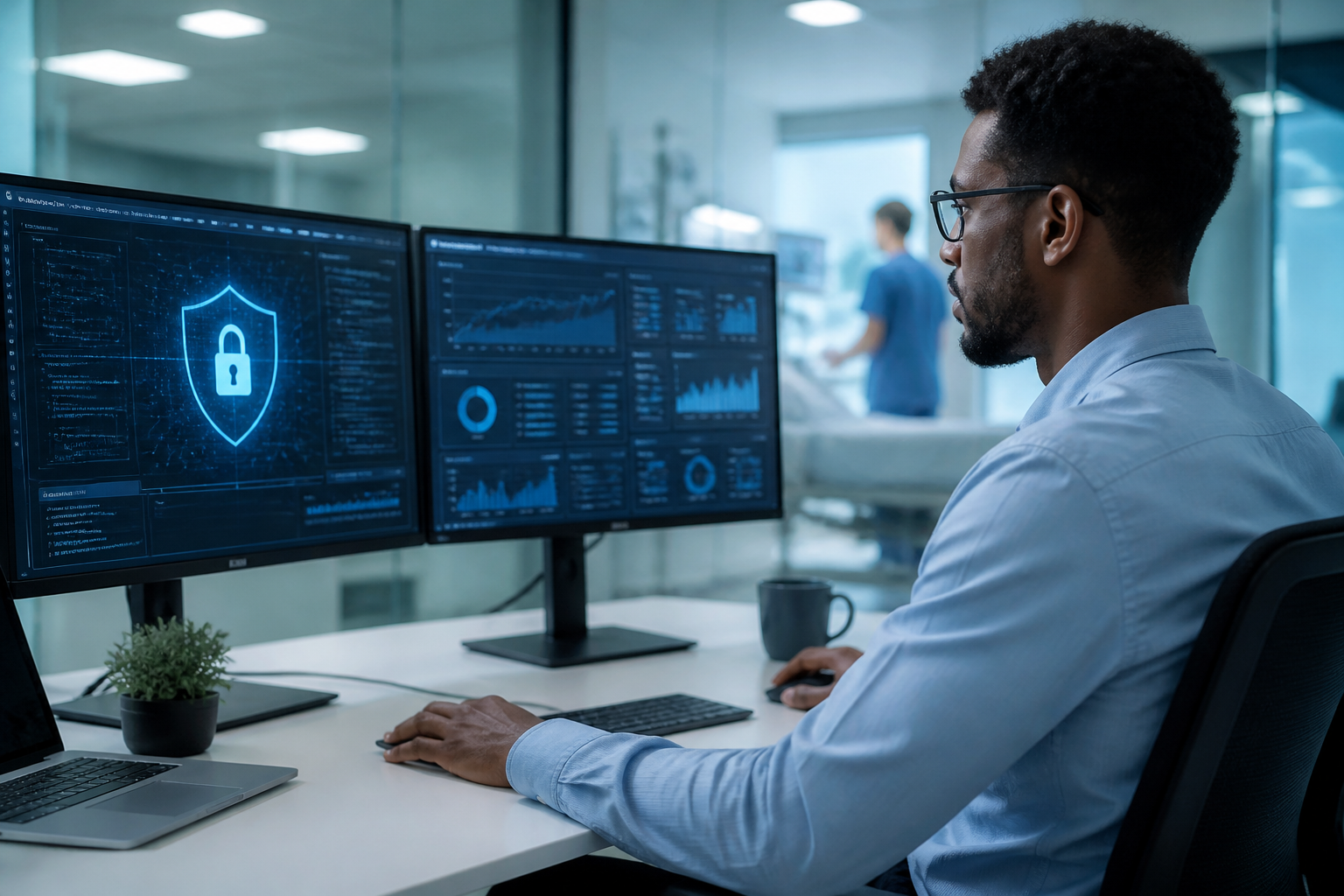 A skilled IT professional monitoring network security for a healthcare organization.