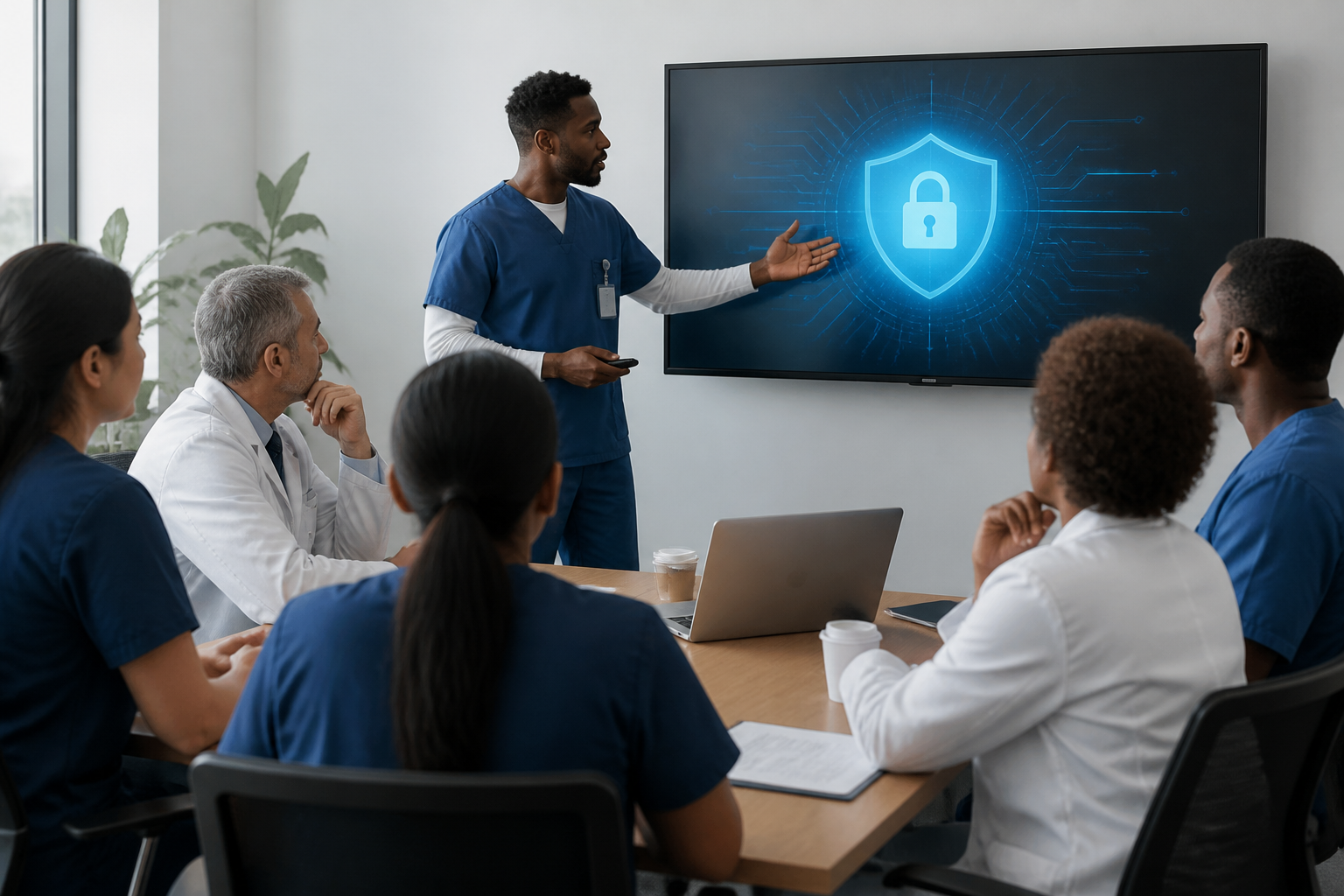 A team of healthcare staff participating in a cybersecurity awareness training session