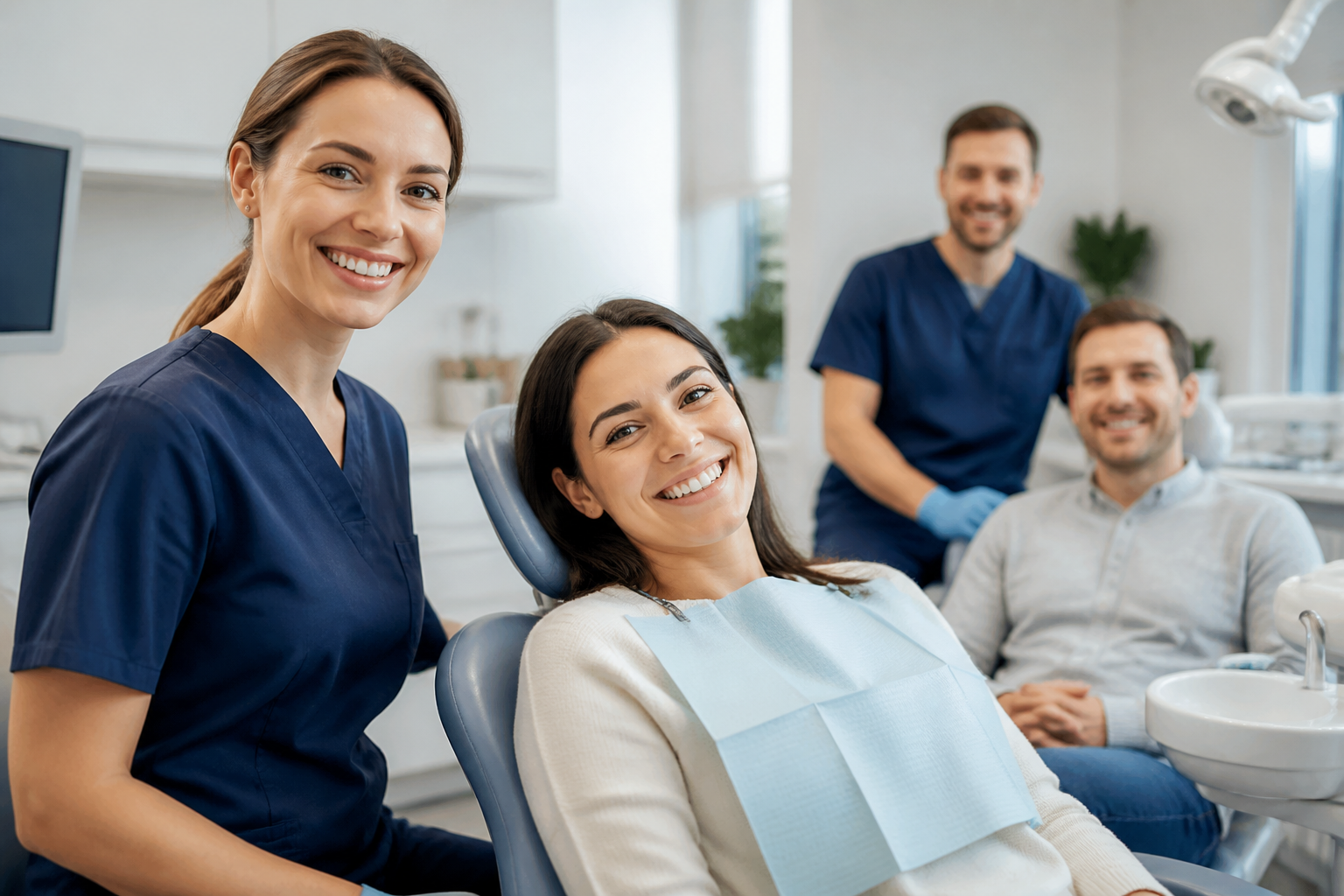 Happy dental staff and patients in a well-managed dental office