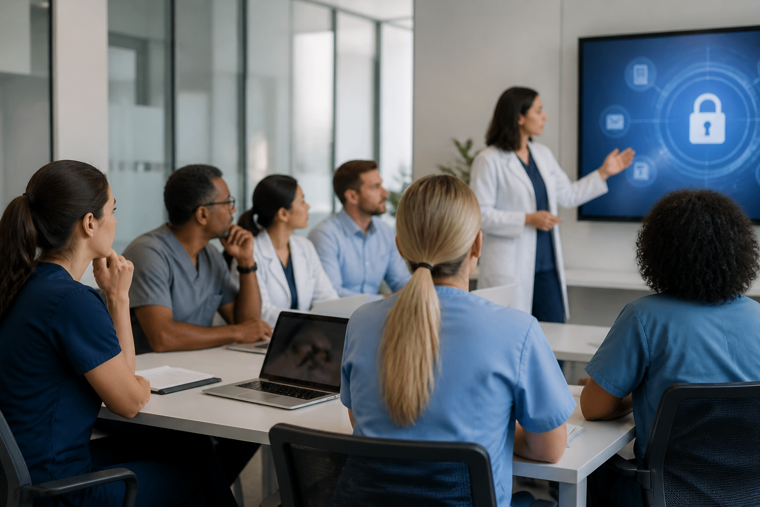 Medical office staff participating in a cybersecurity awareness training session
