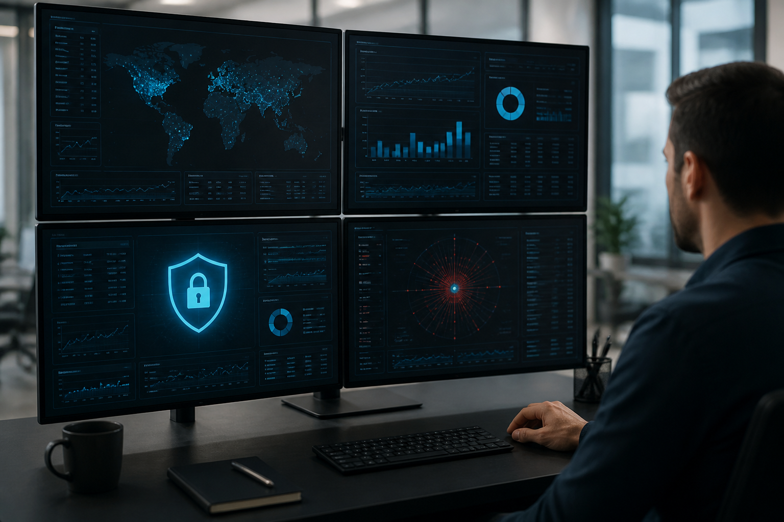 Cybersecurity dashboard showing active threat monitoring and protection