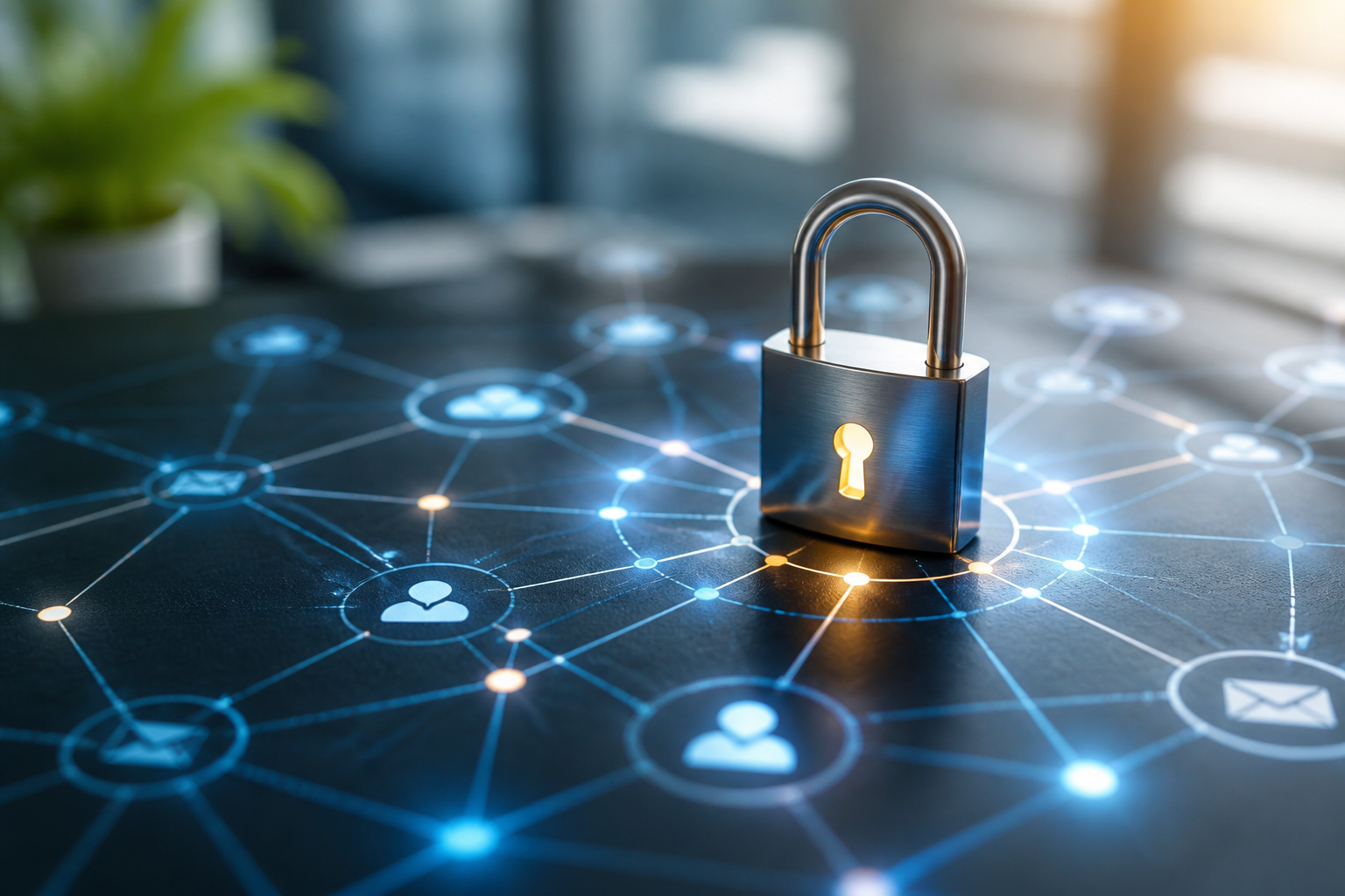 Cybersecurity lock symbol overlaying a network diagram