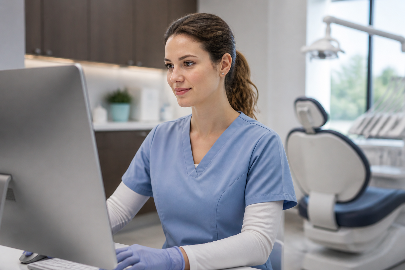 Dental hygienist looking at a computer screen in a modern dental office setting