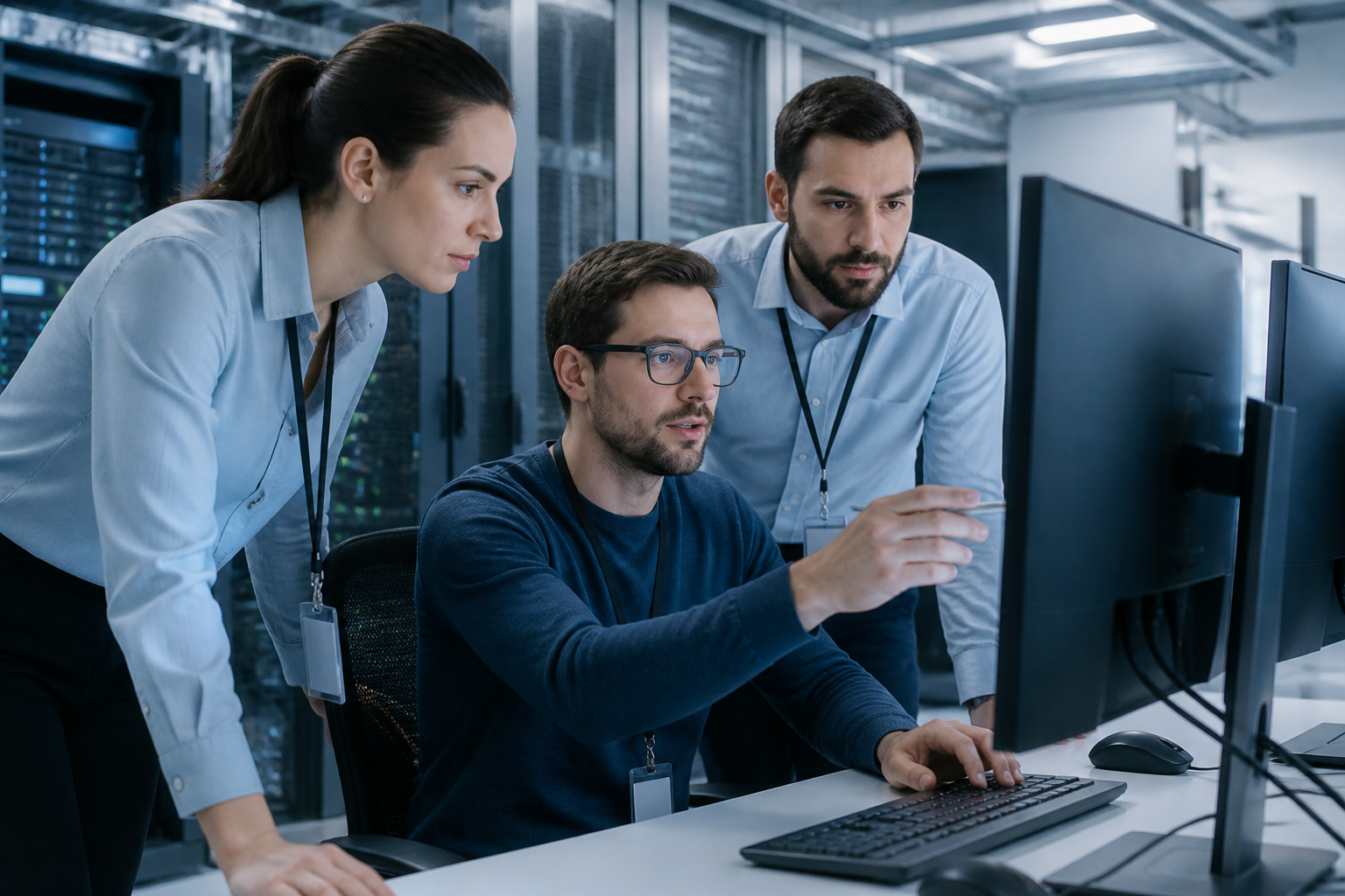 Team of IT professionals collaborating on a secure network infrastructure