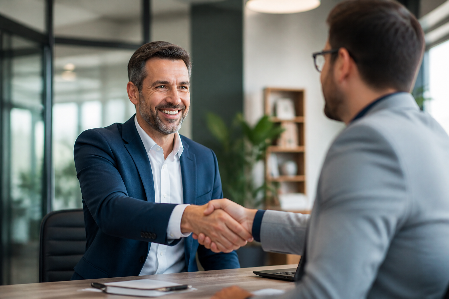 A business owner shaking hands with a managed IT service provider representative, symbolizing a partnership.