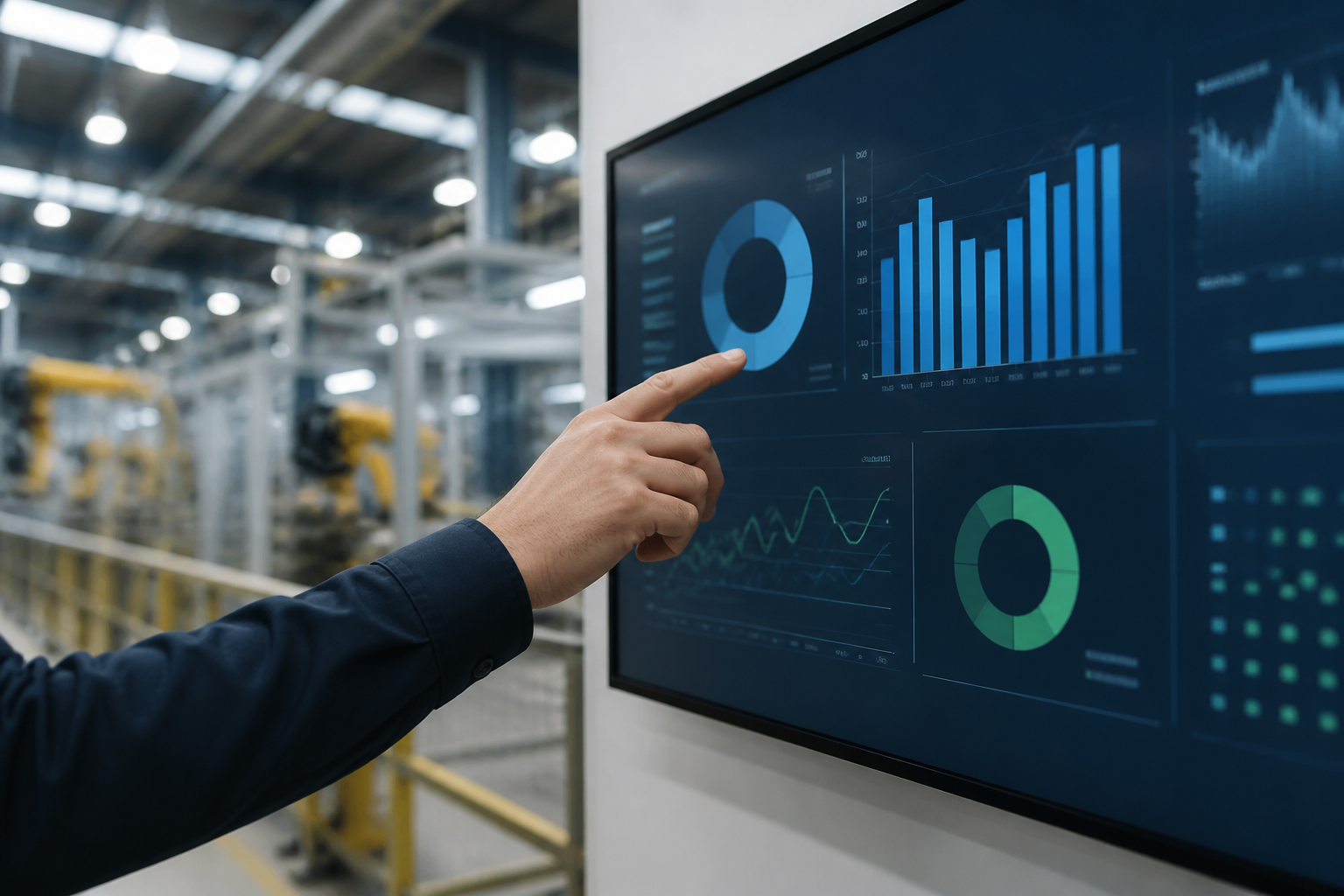 A hand pointing to a digital dashboard showing improved production metrics and reduced downtime in a factory setting.