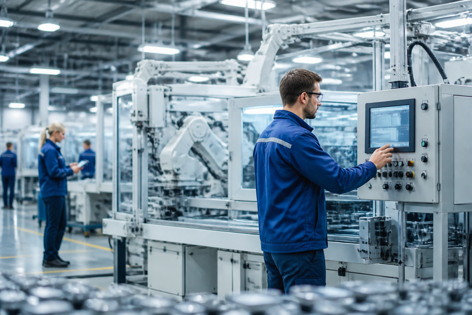 A manufacturing floor with automated machinery and technicians monitoring control panels, representing advanced IT systems.