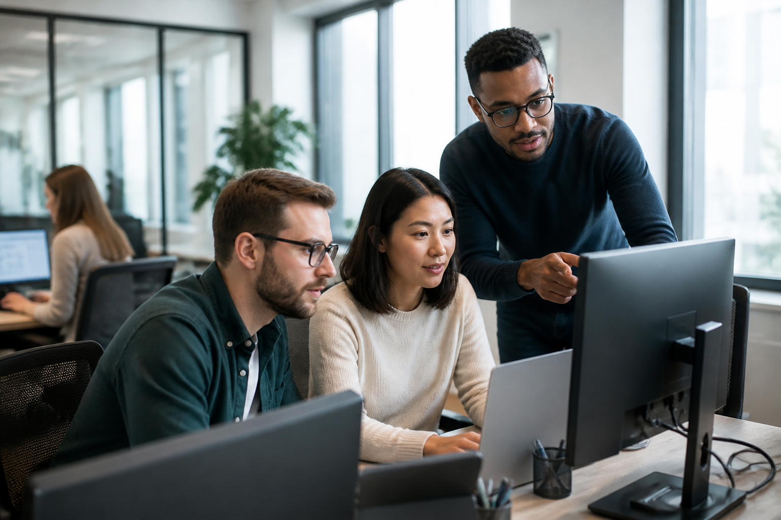 A team collaborating in a modern office environment, demonstrating the role of IT support in productivity.