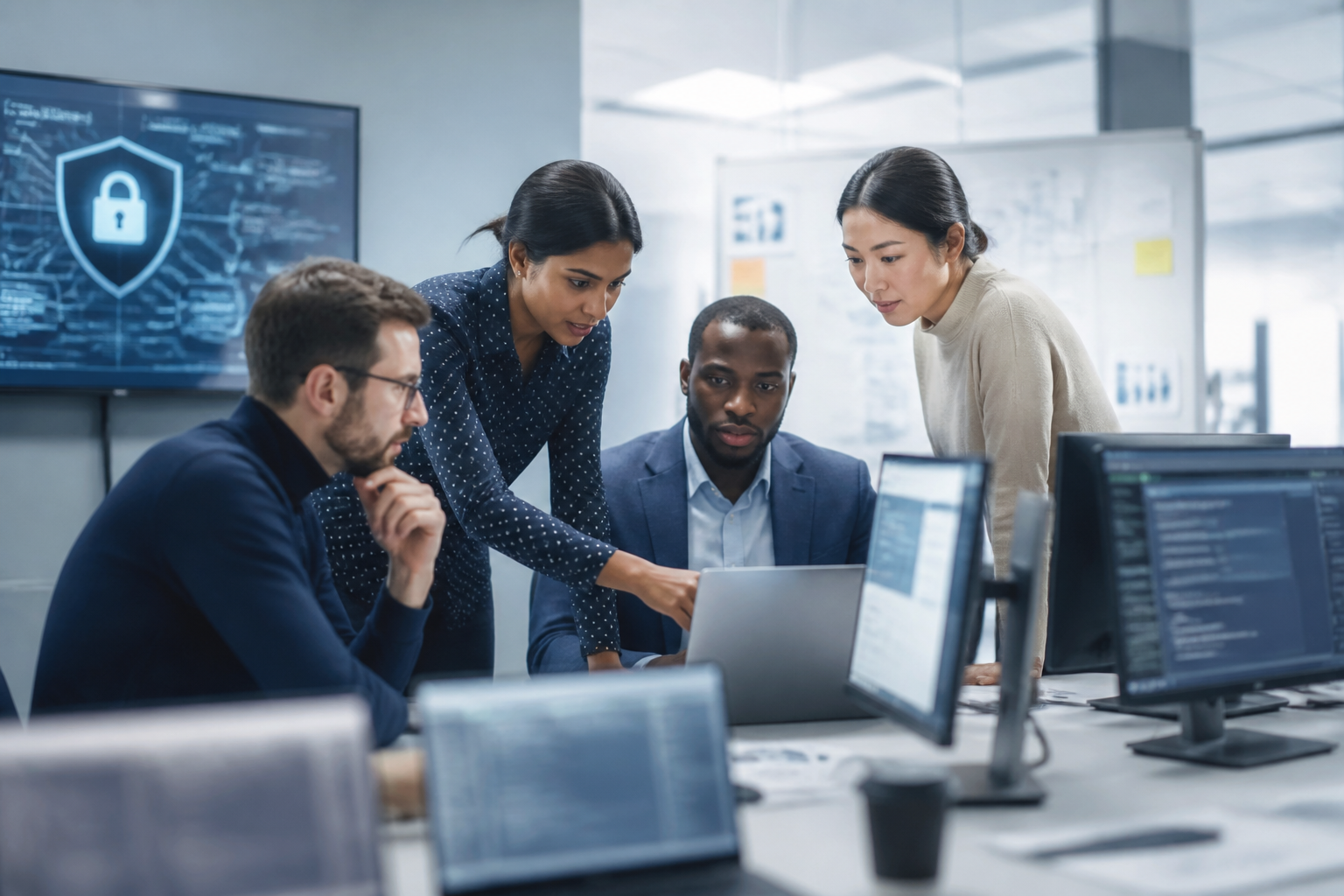 A team of IT professionals collaborating to implement a comprehensive security strategy.