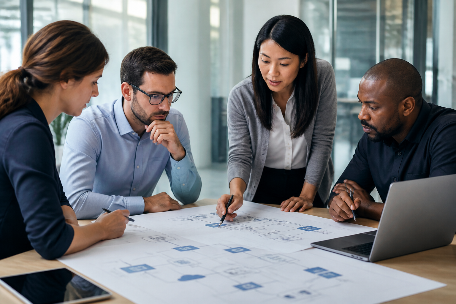 A team of IT professionals collaboratively working on a network diagram, representing comprehensive managed services.