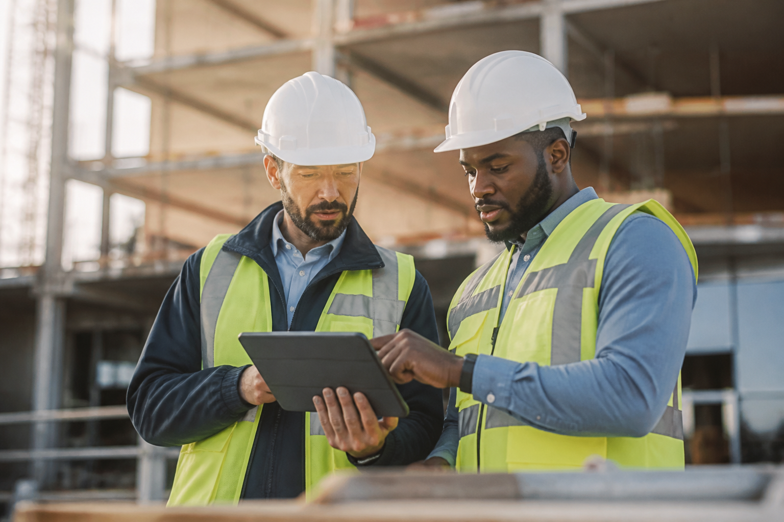 Construction workers reviewing blueprints on a digital tablet at a job site, highlighting technology integration.