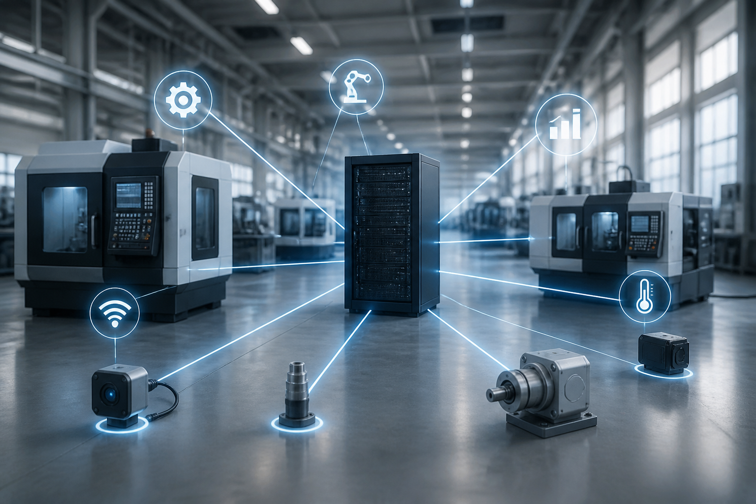 Diagram showing interconnected IT systems in a manufacturing plant, including CNC machines, sensors, and a central server.