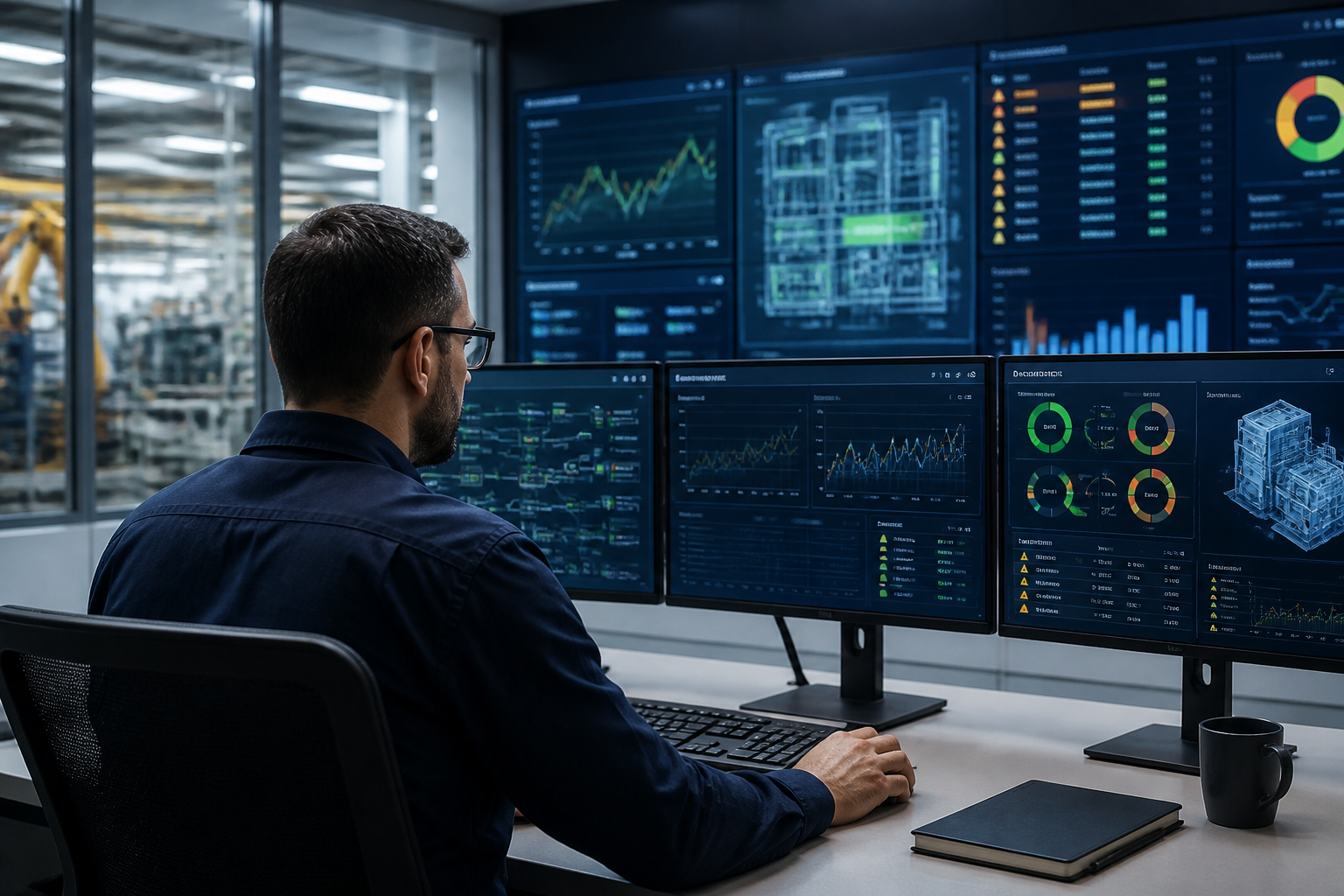Technician monitoring a network operations center, displaying various metrics and alerts relevant to a manufacturing environment.